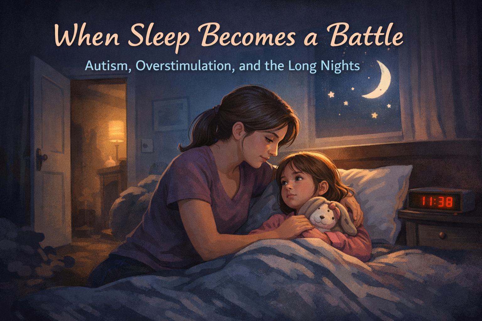 Mother comforting child during a difficult bedtime